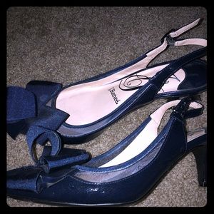 Beautiful designer short heeled blue shoes